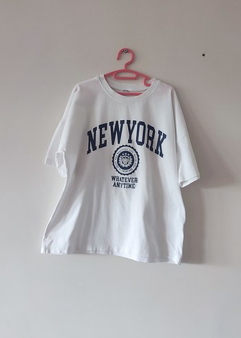 Beyaz kız çocuk New York Baskılı Oversize Tişört