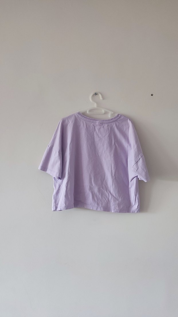 Baskılı Mor, crop Kız Tişörtü, Kısa Kollu, Bol Kesim - Görsel 2