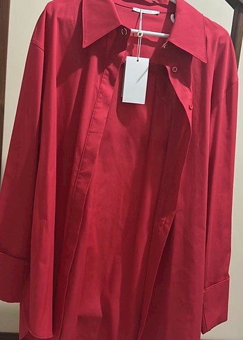 Armine Kırmızı Düğmeli Midi Kadın Gömlek - Görsel 3