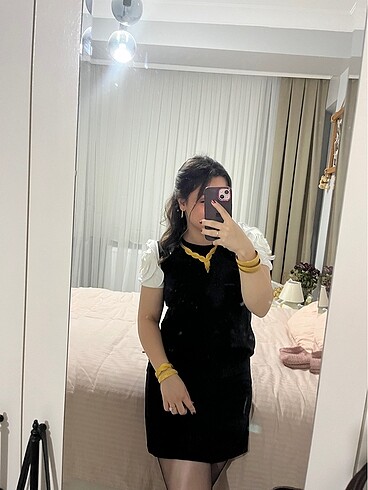 Siyah Gül Detaylı Mini Dokuma Elbise