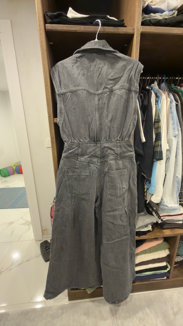 Gri Denim Kemerli Kadın Tulum - Görsel 2