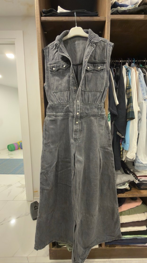 Gri Denim Kemerli Kadın Tulum - Görsel 4