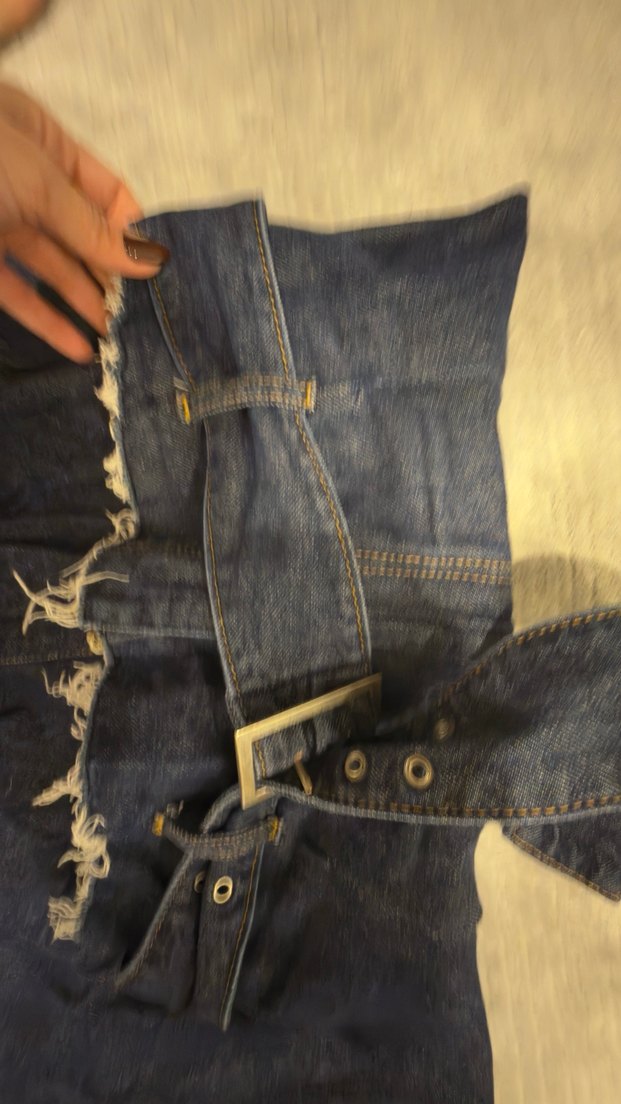 Kadın Lacivert Bol Kesim Kemerli Uzun Kot Pantolon - Görsel 3