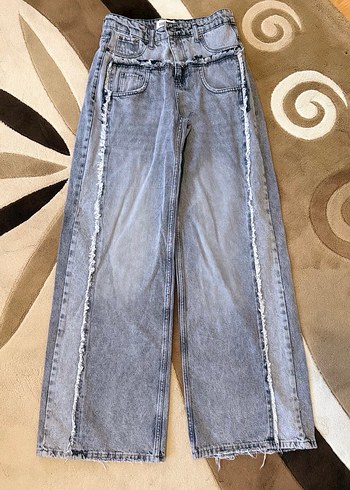 Kadın Gri Bağcıklı Salaş Denim Pantolon - Görsel 5