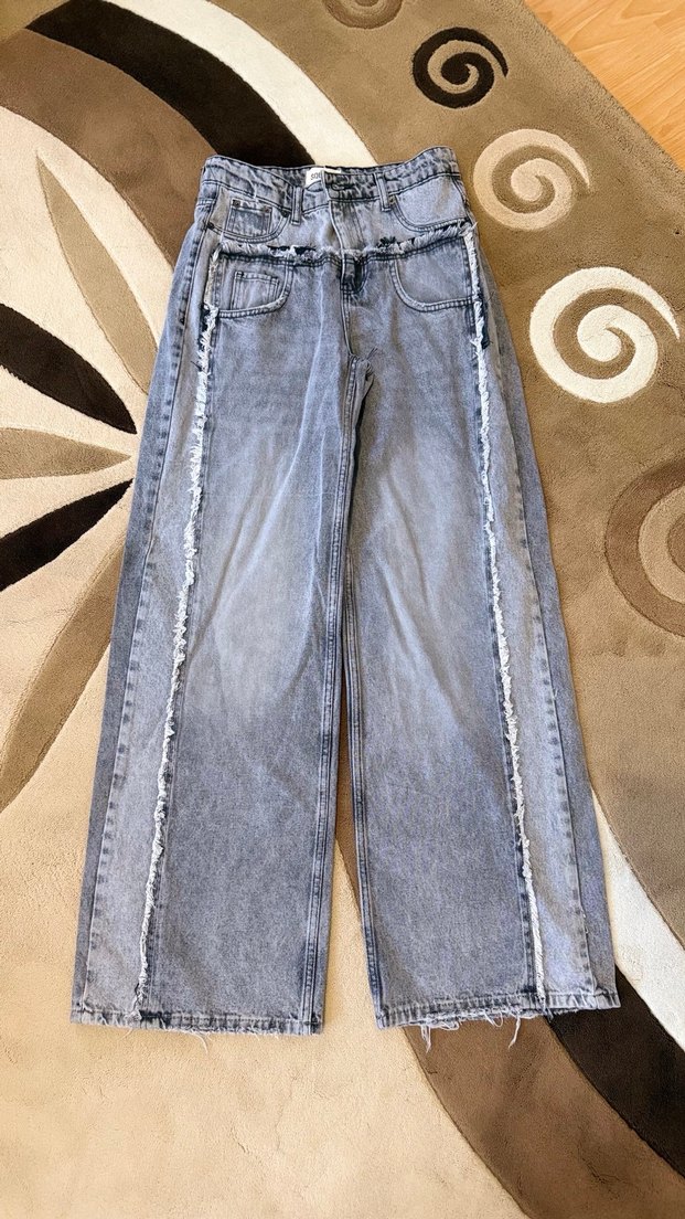 Kadın Gri Bağcıklı Salaş Denim Pantolon - Görsel 5