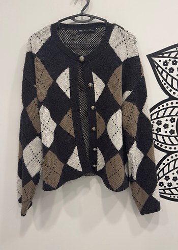 Kahverengi Ekose Triko Kadın Hırka - Görsel 4