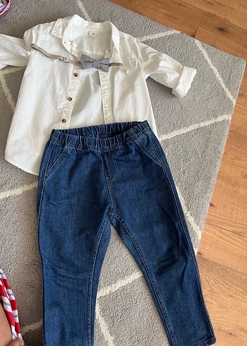 Erkek Bebek Gri Papyonlu Denim Takım