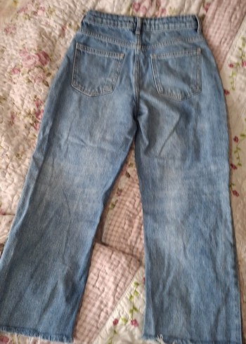 Düğmeli Mavi Midi Denim Kadın Pantolon - Görsel 2