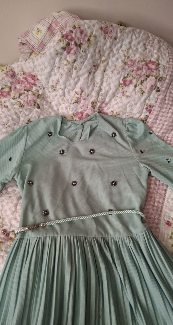 Turkuaz Piliseli Uzun Kadın Elbise - Görsel 2