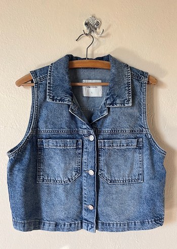 Düğmeli Kolsuz Mavi Denim Ceket - Görsel 2