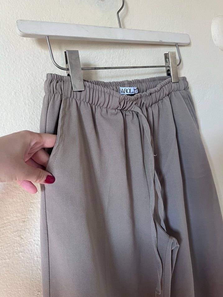 Bej Bol Kesim Keten Kadın Pantolon - Görsel 4