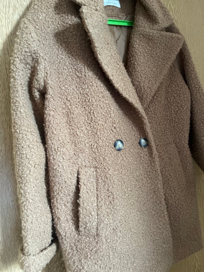 Çift Düğmeli Kahverengi Peluş Kaban - Görsel 2