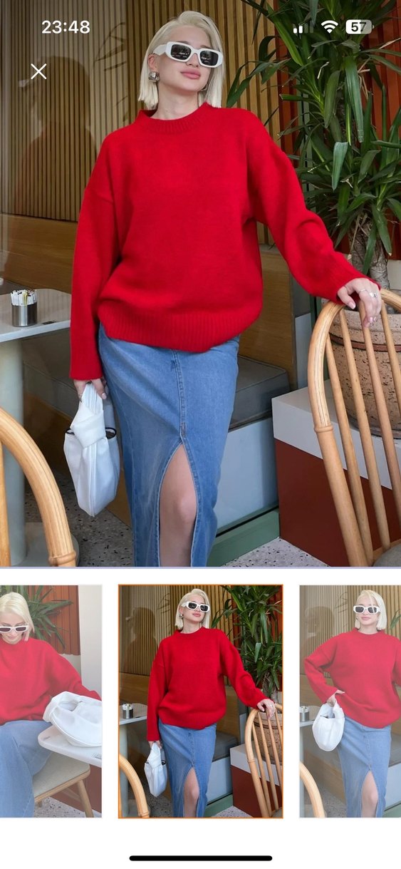 Kırmızı Oversize Triko Kadın Kazak - Görsel 3