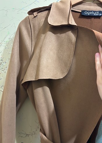 Camel Süet Kemerli Kadın Trençkot - Görsel 4