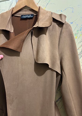 Camel Süet Kemerli Kadın Trençkot - Görsel 5