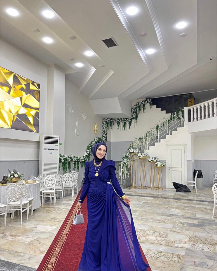 Uzun Kollu Drapeli Mavi Tesettür Abiye - Görsel 2