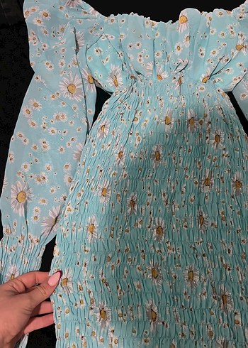 Uzun Kollu Turkuaz Mini Fırfırlı Elbise - Görsel 2