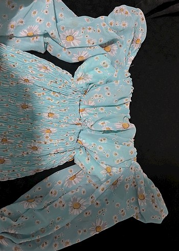 Uzun Kollu Turkuaz Mini Fırfırlı Elbise - Görsel 3