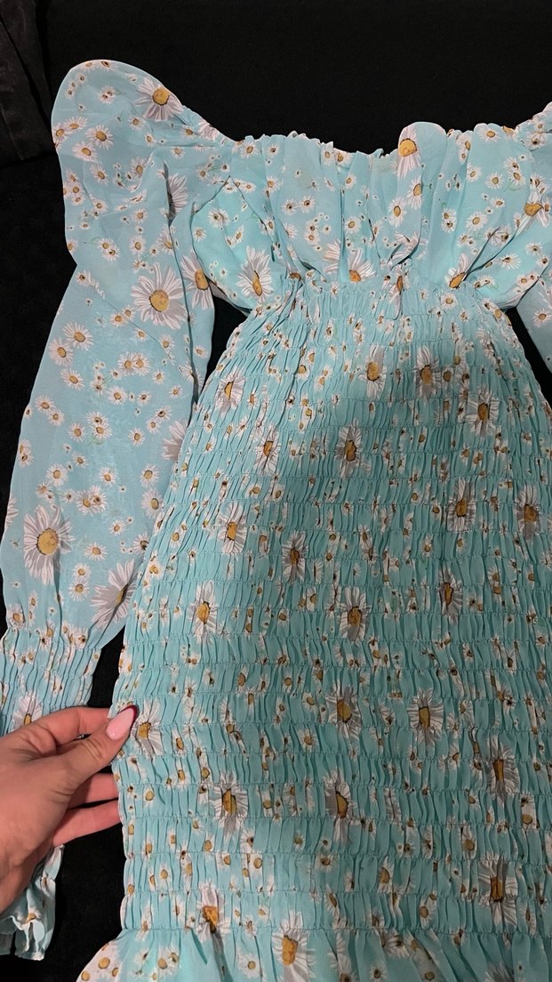 Uzun Kollu Turkuaz Mini Fırfırlı Elbise - Görsel 2