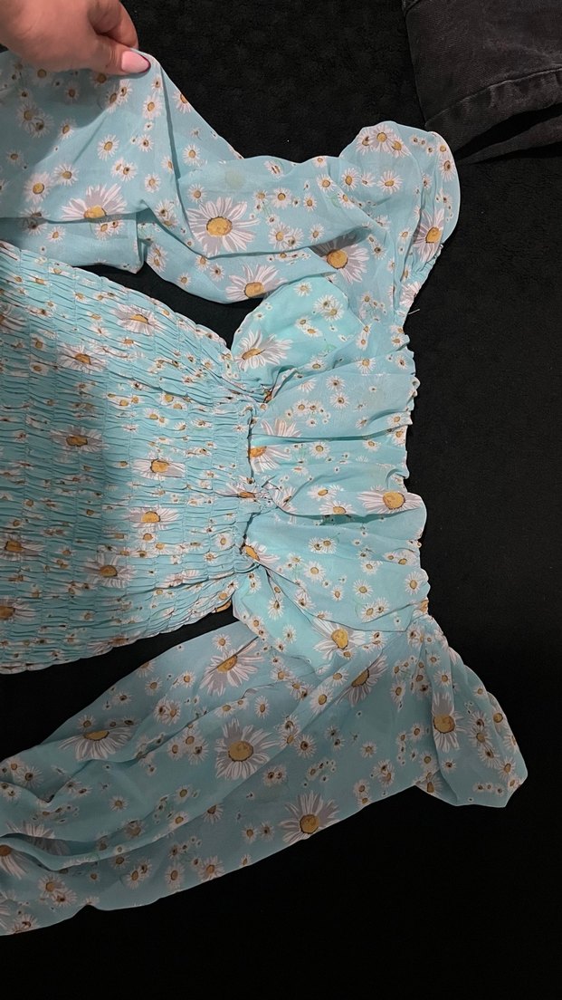 Uzun Kollu Turkuaz Mini Fırfırlı Elbise - Görsel 3