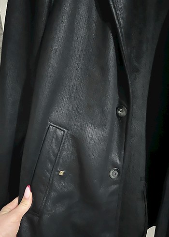 Siyah Deri Kadın Ceket Düğmeli Midi Boy - Görsel 2
