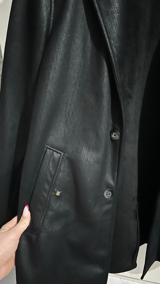 Siyah Deri Kadın Ceket Düğmeli Midi Boy - Görsel 2