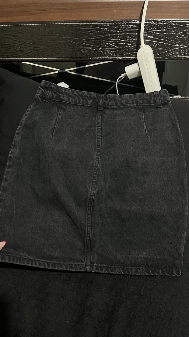 Düğmeli Siyah Midi Kot Etek - Görsel 2