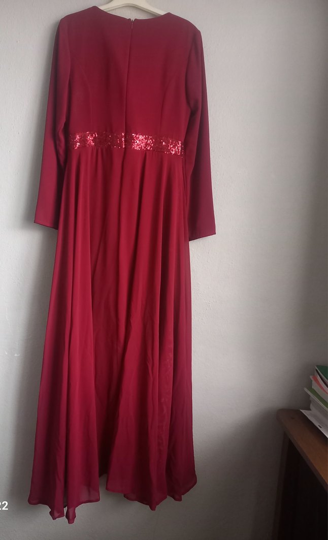 Bordo Uzun Kollu Yüksek Yakalı Henna Elbise - Görsel 4