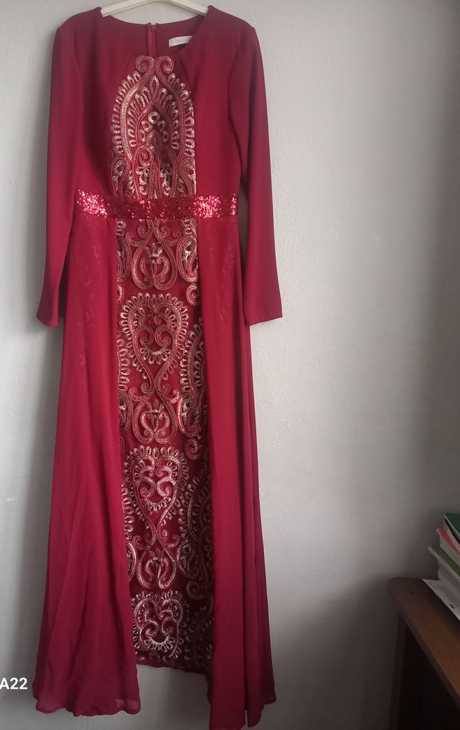 Bordo Uzun Kollu Yüksek Yakalı Henna Elbise - Görsel 5