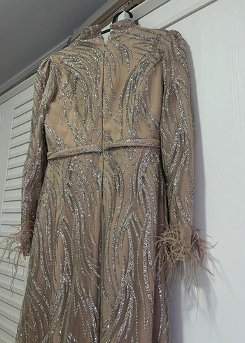 Bej Nakışlı Uzun Kollu Abiye Elbise - Görsel 4