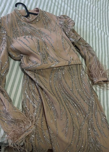 Bej Nakışlı Uzun Kollu Abiye Elbise - Görsel 7