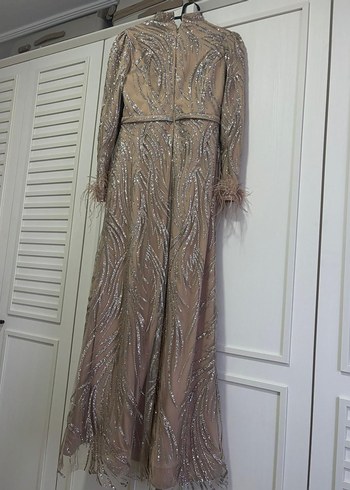 Bej Nakışlı Uzun Kollu Abiye Elbise - Görsel 2