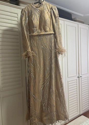 Bej Nakışlı Uzun Kollu Abiye Elbise - Görsel 3