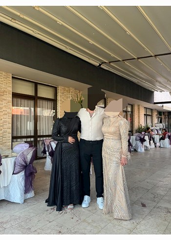 Bej Nakışlı Uzun Kollu Abiye Elbise - Görsel 5