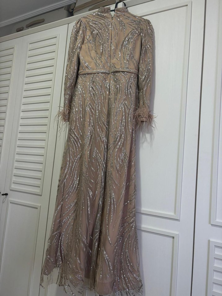 Bej Nakışlı Uzun Kollu Abiye Elbise - Görsel 2