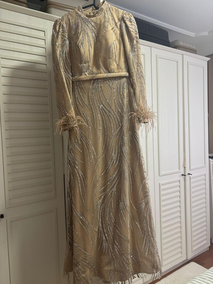 Bej Nakışlı Uzun Kollu Abiye Elbise - Görsel 3