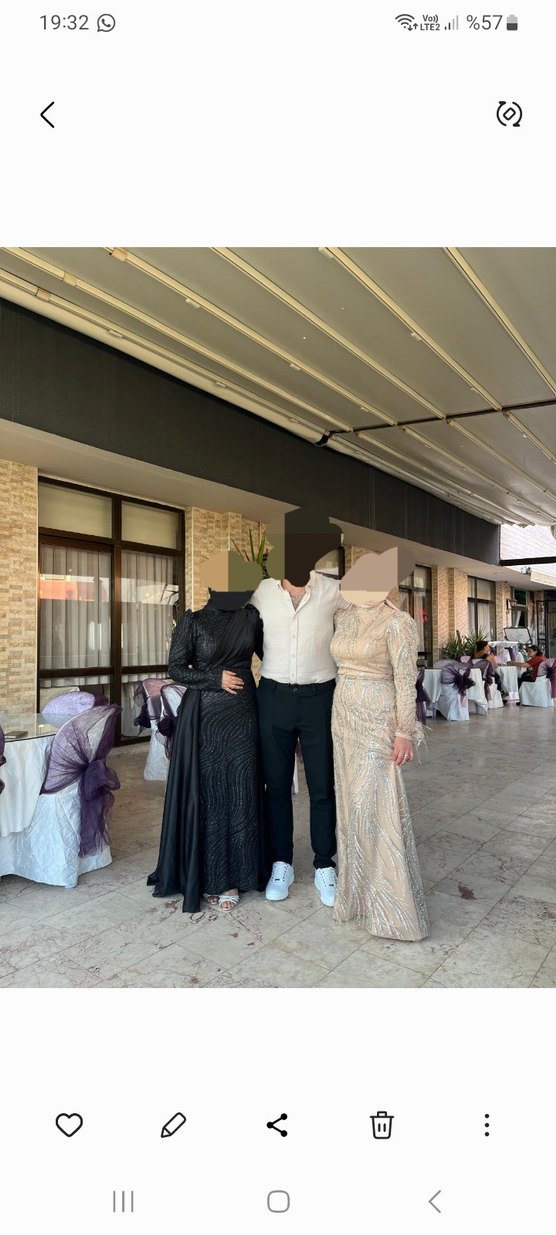 Bej Nakışlı Uzun Kollu Abiye Elbise - Görsel 5