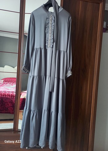 Uzun Gri Bohem Nakışlı Elbise - Görsel 3