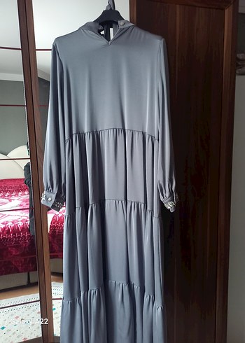 Uzun Gri Bohem Nakışlı Elbise - Görsel 4