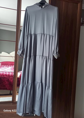 Uzun Gri Bohem Nakışlı Elbise - Görsel 2