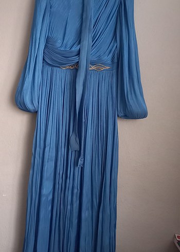 Mavi Uzun Drapeli Kadın Abiye Elbise - Görsel 3