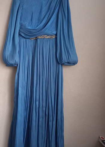 Mavi Uzun Drapeli Kadın Abiye Elbise - Görsel 5