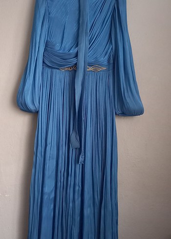 Mavi Uzun Drapeli Kadın Abiye Elbise - Görsel 7