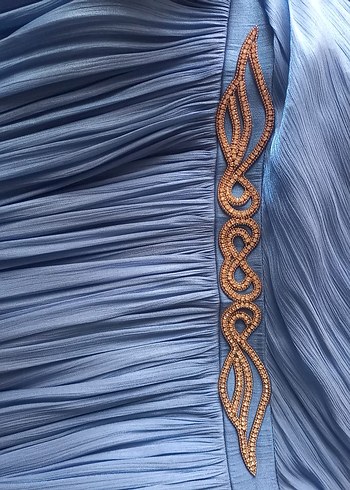 Mavi Uzun Drapeli Kadın Abiye Elbise - Görsel 9