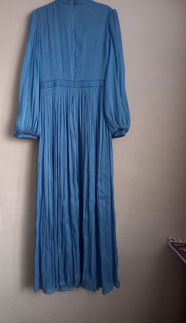 Mavi Uzun Drapeli Kadın Abiye Elbise - Görsel 4