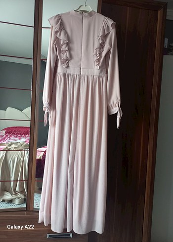 Uzun Kol Volanlı Bej Bohem Elbise - Görsel 2