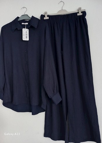 Lacivert Kadın Uzun Kollu Keten Gömlek - Görsel 2