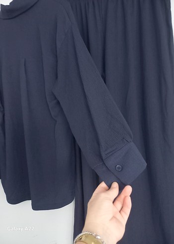 Lacivert Kadın Uzun Kollu Keten Gömlek - Görsel 4