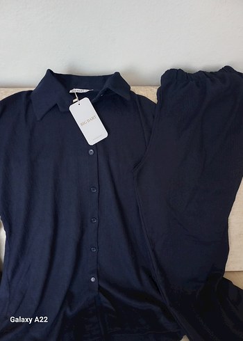 Lacivert Kadın Uzun Kollu Keten Gömlek - Görsel 6