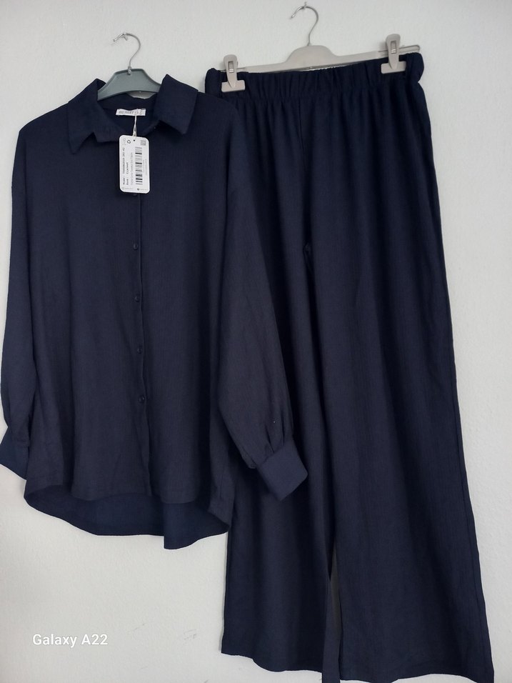 Lacivert Kadın Uzun Kollu Keten Gömlek - Görsel 2